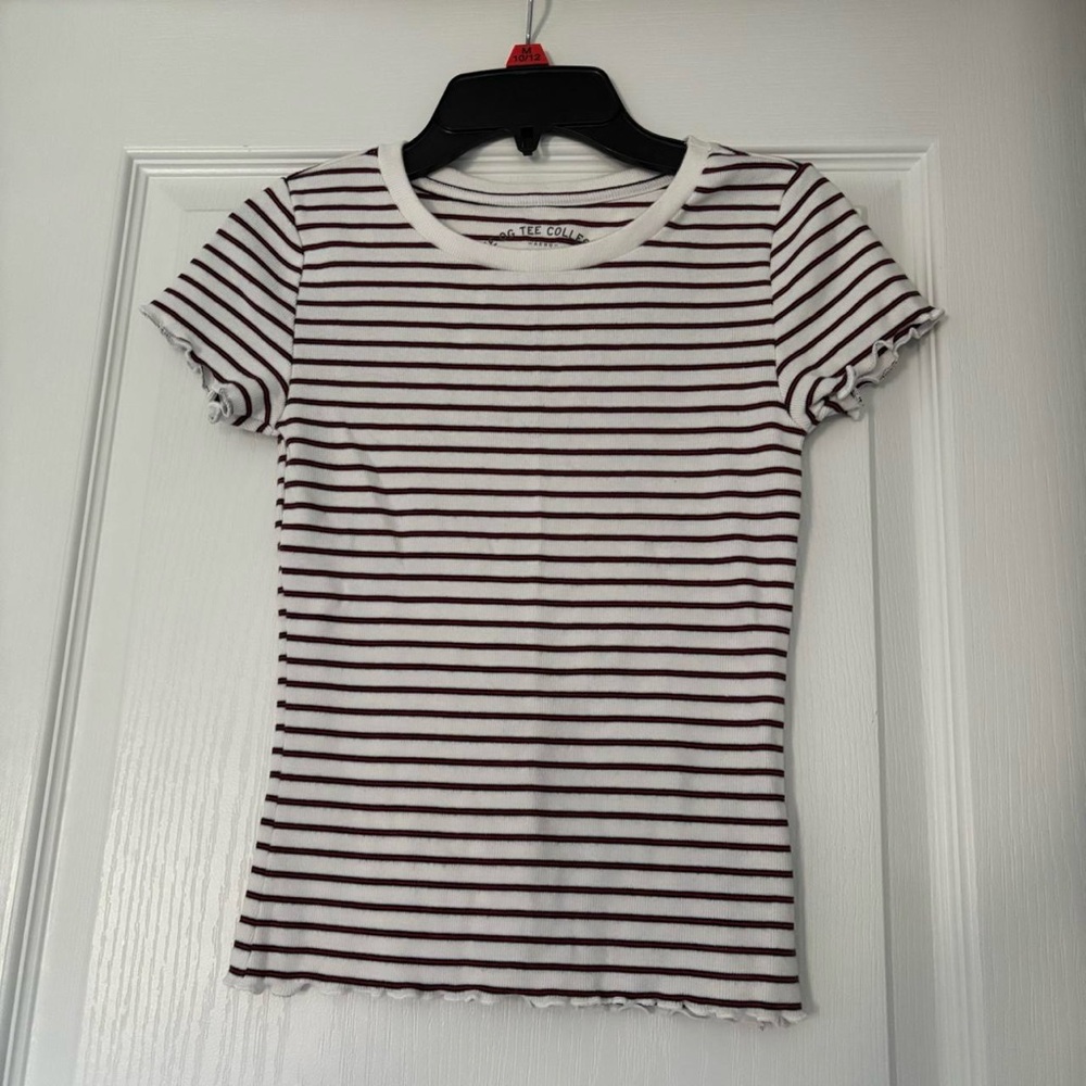 American Eagle Outfitters White with Black and Red Striped Tee